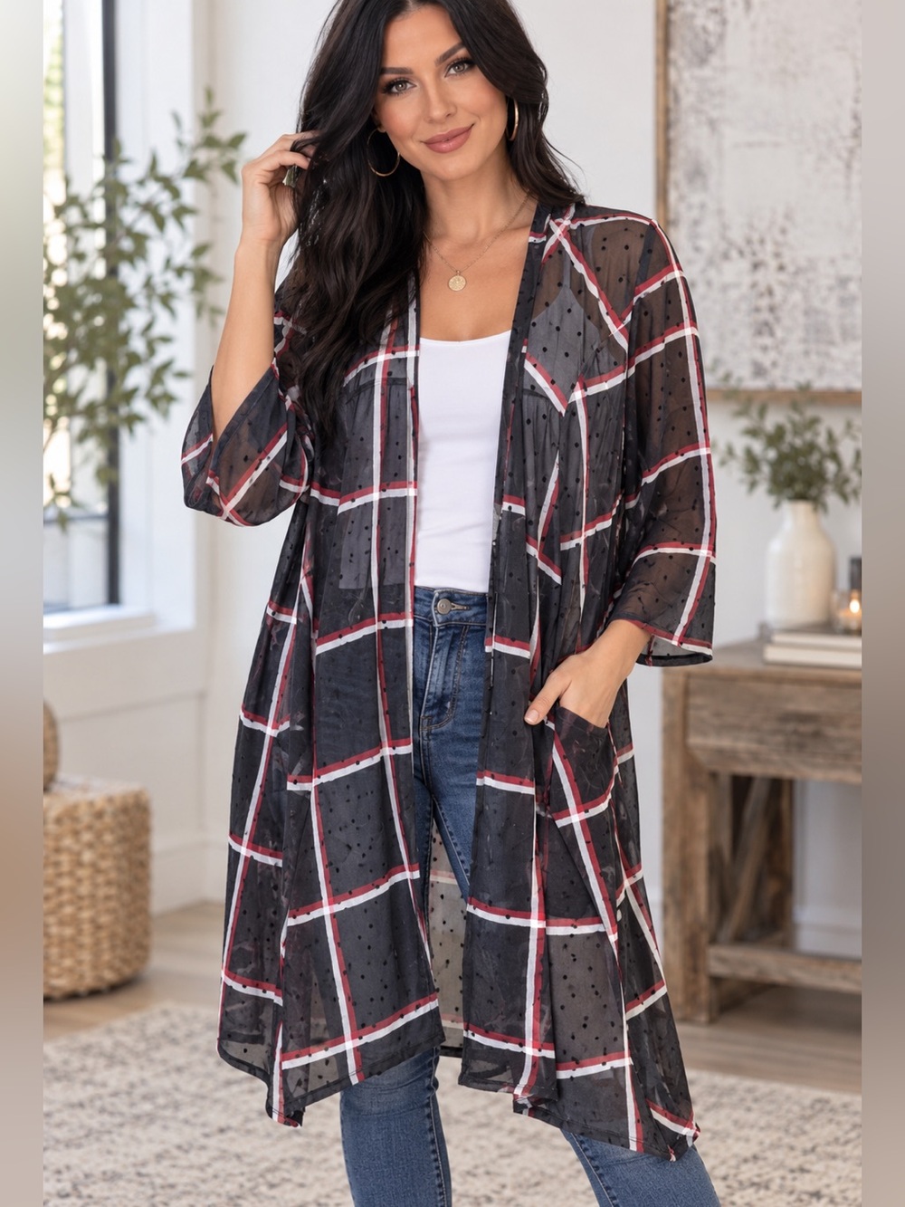 Torrid Sheer Lightweight Black & Red Grid Open-Front Cardi size 2